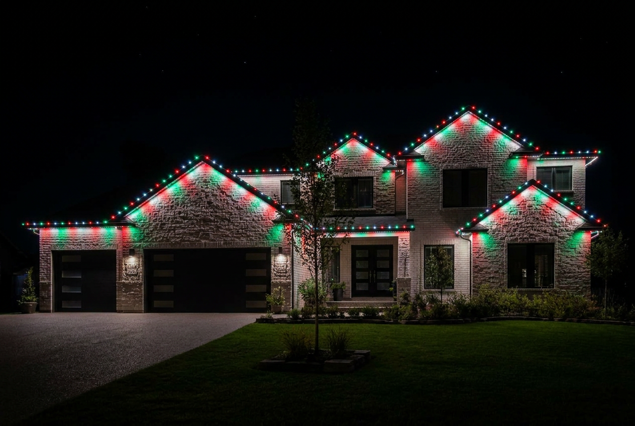 Nashville home with permanent holiday lighting in Christmas colors
