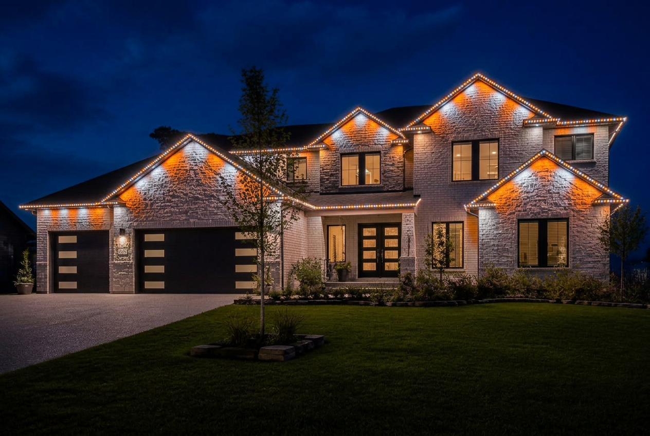 Nashville home with permanent holiday lighting in Game day colors