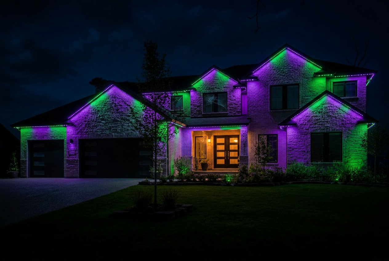 Nashville home with permanent holiday lighting in Halloween colors