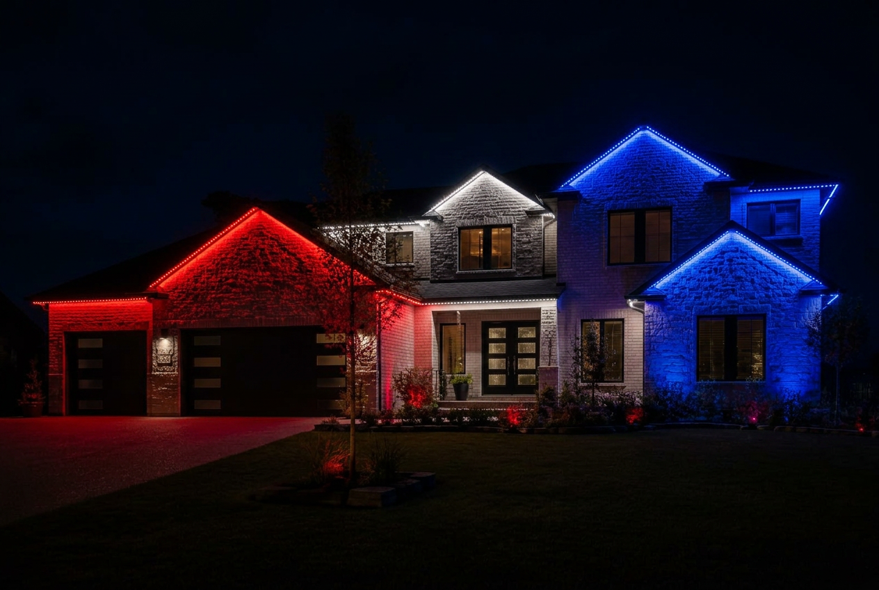 Nashville home with permanent holiday lighting in July 4th colors